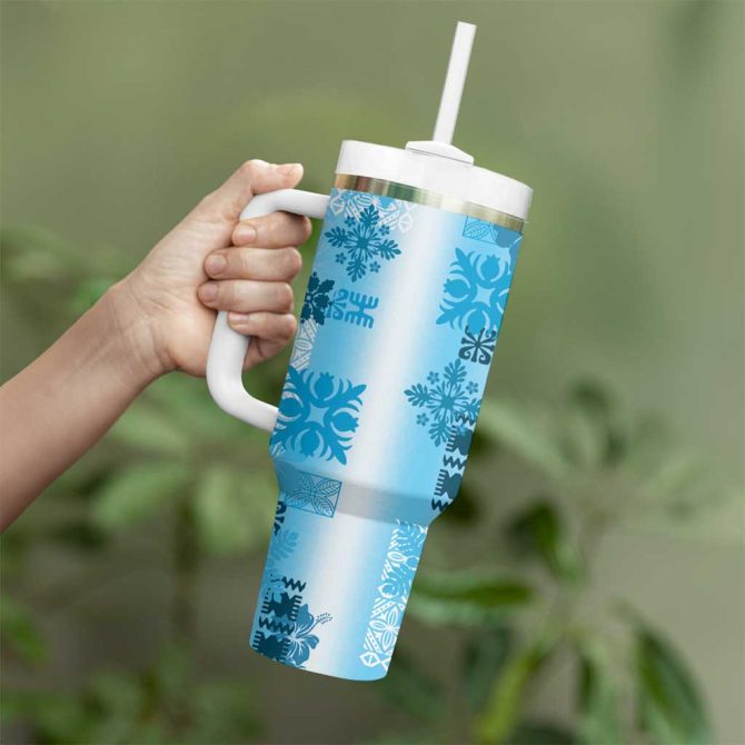 Hawaiian Quilt Vintage Blue Custom Stanley Quencher 40Oz Stainless Steel Tumbler With Handle - Image 3