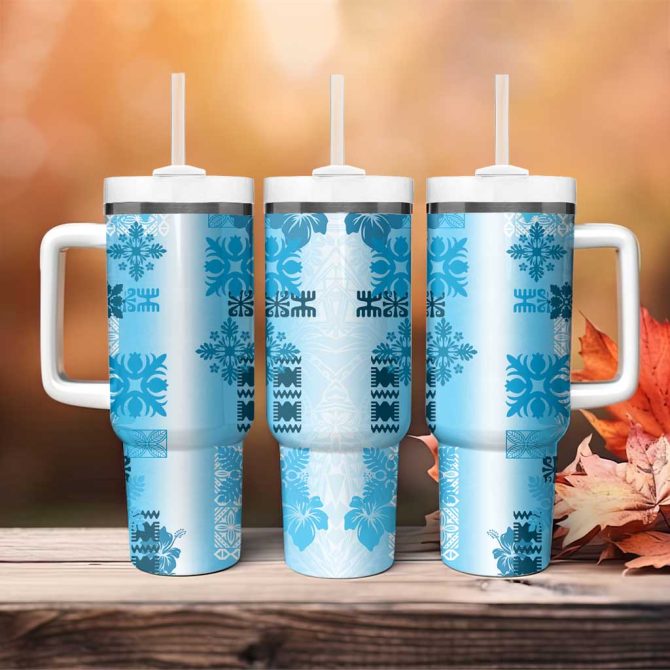 Hawaiian Quilt Vintage Blue Custom Stanley Quencher 40Oz Stainless Steel Tumbler With Handle - Image 4