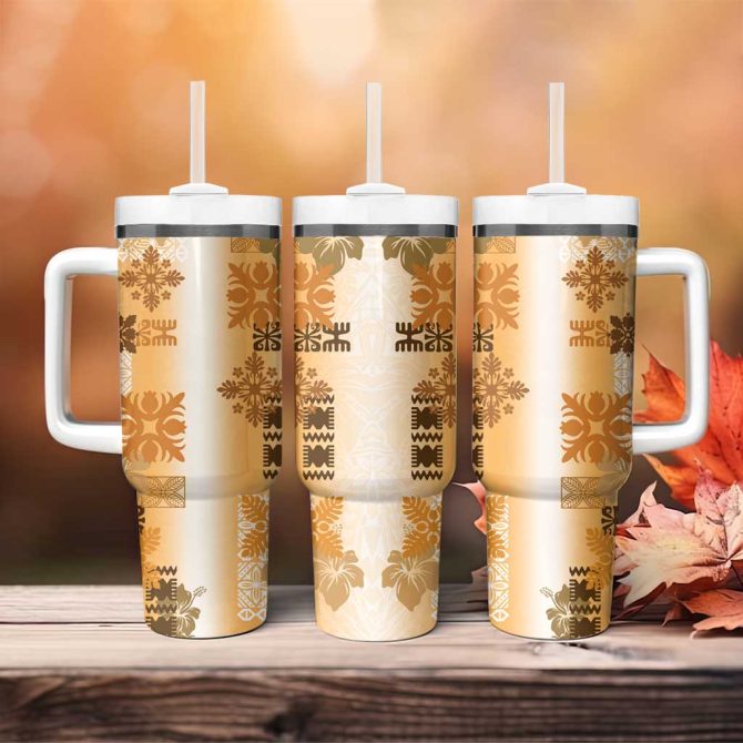 Hawaiian Quilt Vintage Brown Custom Stanley Quencher 40Oz Stainless Steel Tumbler With Handle - Image 4