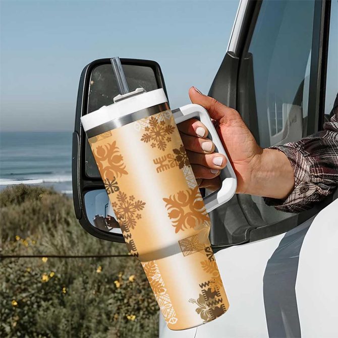 Hawaiian Quilt Vintage Brown Custom Stanley Quencher 40Oz Stainless Steel Tumbler With Handle - Image 7