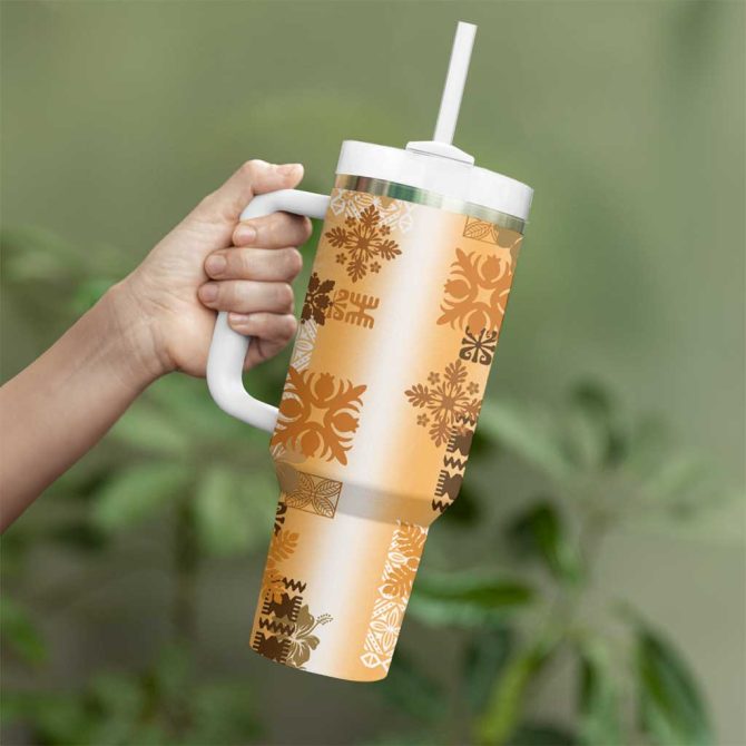 Hawaiian Quilt Vintage Brown Custom Stanley Quencher 40Oz Stainless Steel Tumbler With Handle - Image 3