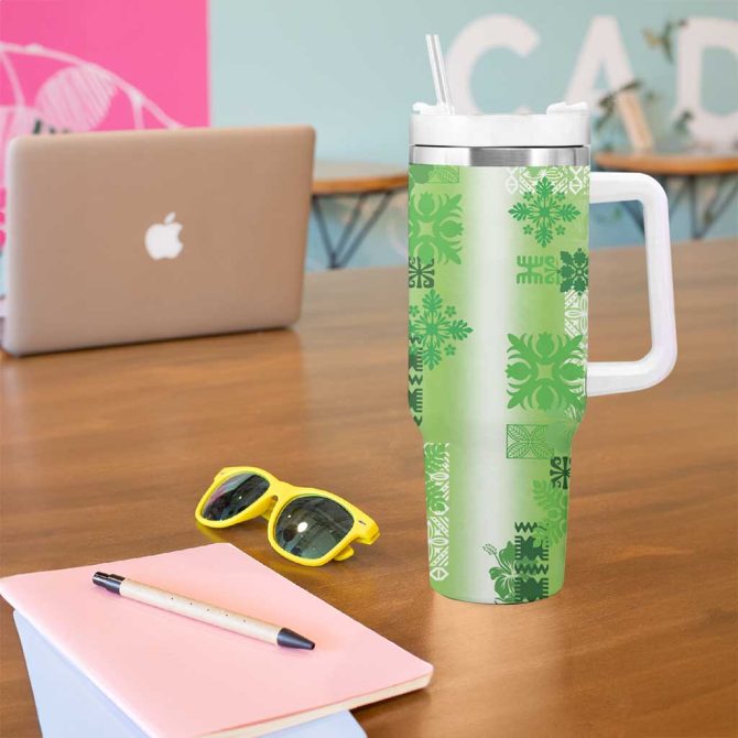 Hawaiian Quilt Vintage Green Custom Stanley Quencher 40Oz Stainless Steel Tumbler With Handle - Image 5