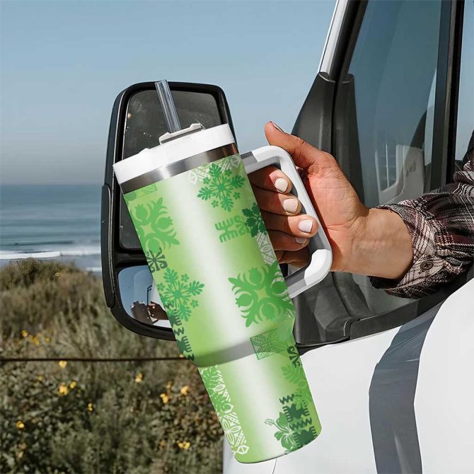 Hawaiian Quilt Vintage Green Custom Stanley Quencher 40Oz Stainless Steel Tumbler With Handle - Image 7