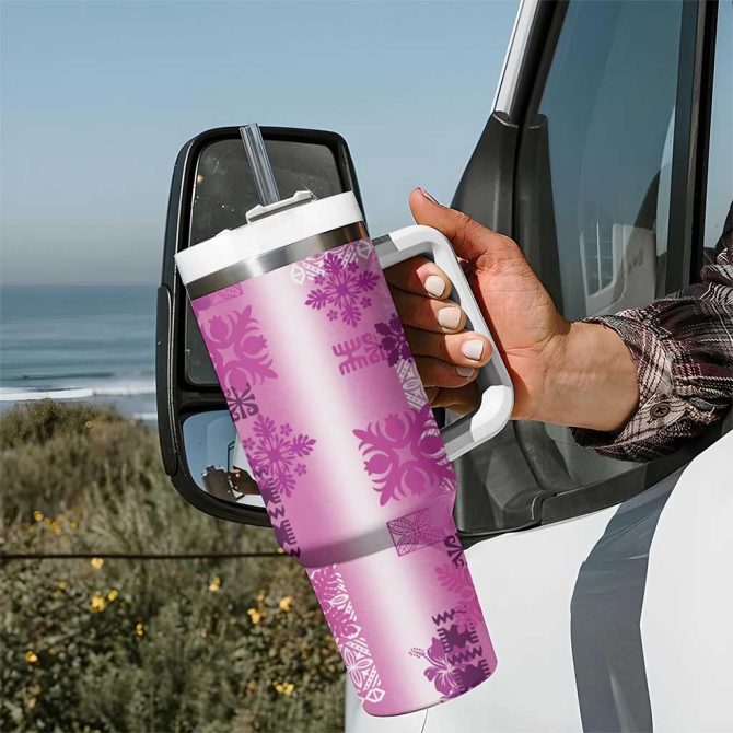 Hawaiian Quilt Vintage Pink Custom Stanley Quencher 40Oz Stainless Steel Tumbler With Handle - Image 7