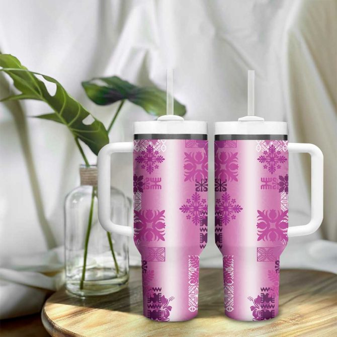 Hawaiian Quilt Vintage Pink Custom Stanley Quencher 40Oz Stainless Steel Tumbler With Handle - Image 9