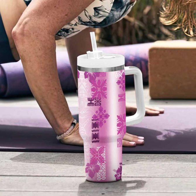 Hawaiian Quilt Vintage Pink Custom Stanley Quencher 40Oz Stainless Steel Tumbler With Handle - Image 6