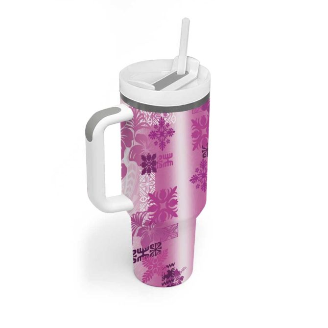 Hawaiian Quilt Vintage Pink Custom Stanley Quencher 40Oz Stainless Steel Tumbler With Handle - Image 2