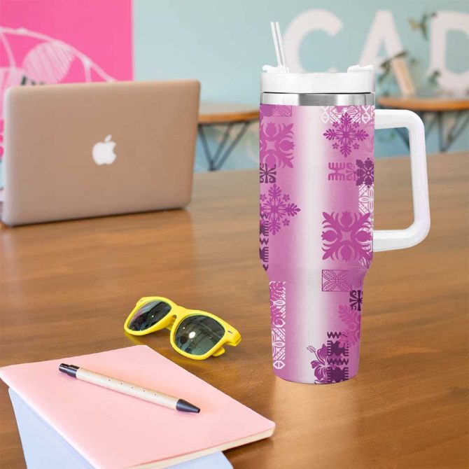 Hawaiian Quilt Vintage Pink Custom Stanley Quencher 40Oz Stainless Steel Tumbler With Handle - Image 5