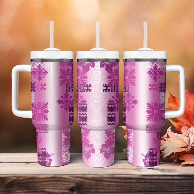 Hawaiian Quilt Vintage Pink Custom Stanley Quencher 40Oz Stainless Steel Tumbler With Handle - Image 4