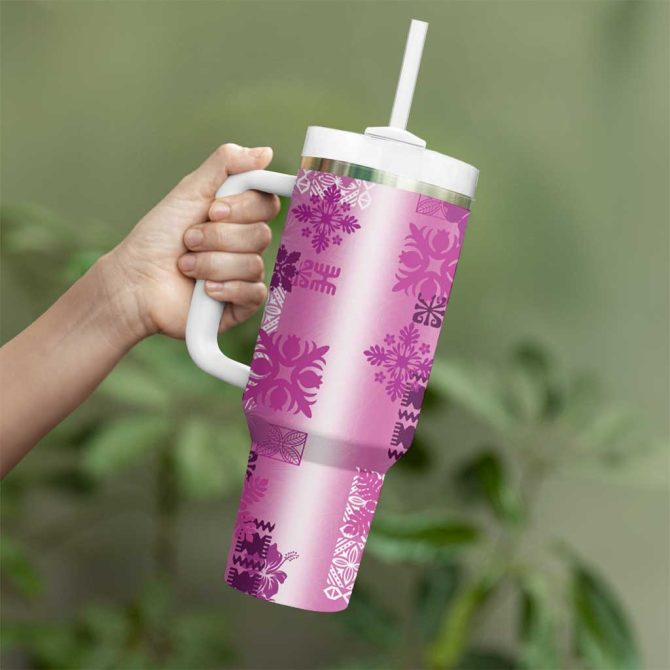 Hawaiian Quilt Vintage Pink Custom Stanley Quencher 40Oz Stainless Steel Tumbler With Handle - Image 3