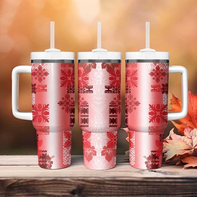 Hawaiian Quilt Vintage Red Custom Stanley Quencher 40Oz Stainless Steel Tumbler With Handle - Image 4