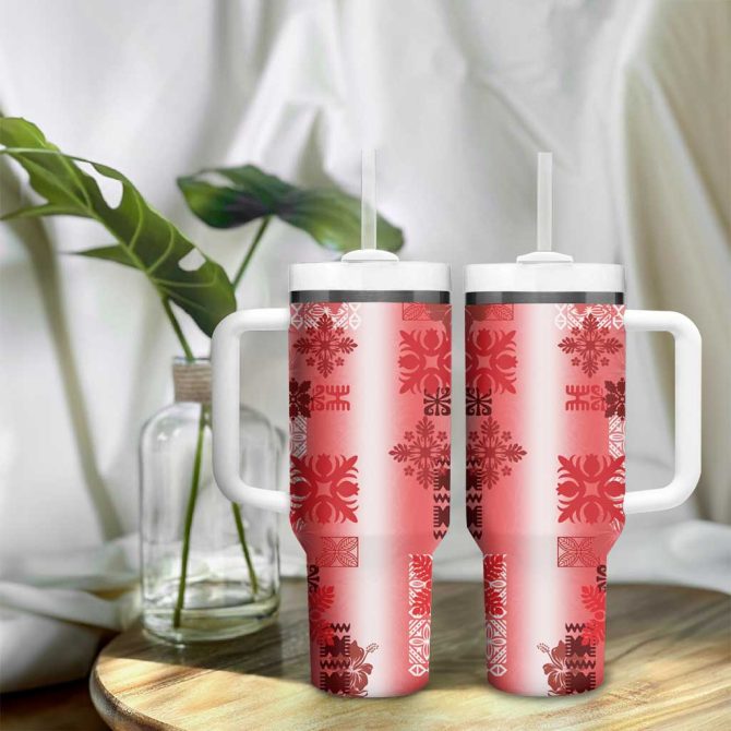 Hawaiian Quilt Vintage Red Custom Stanley Quencher 40Oz Stainless Steel Tumbler With Handle - Image 9