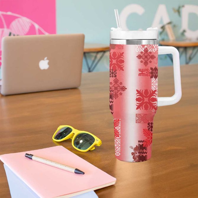 Hawaiian Quilt Vintage Red Custom Stanley Quencher 40Oz Stainless Steel Tumbler With Handle - Image 5