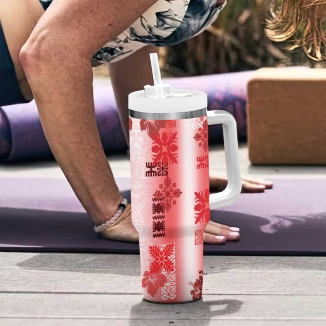 Hawaiian Quilt Vintage Red Custom Stanley Quencher 40Oz Stainless Steel Tumbler With Handle - Image 6