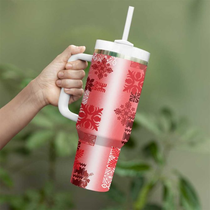 Hawaiian Quilt Vintage Red Custom Stanley Quencher 40Oz Stainless Steel Tumbler With Handle - Image 3