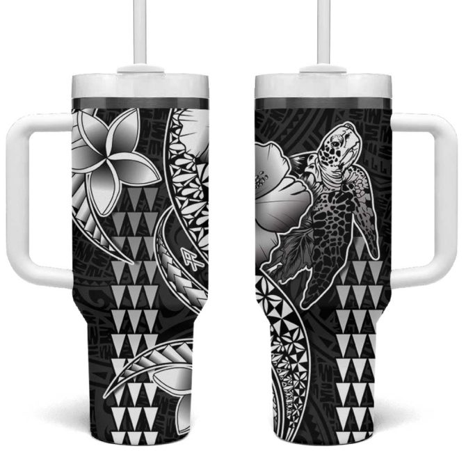 Hawaiian Sea Turtle Black Hibiscus Flowers And Kakau Custom Stanley Quencher 40Oz Stainless Steel Tumbler With Handle