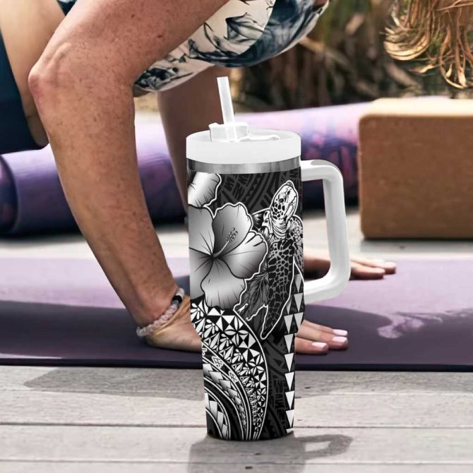 Hawaiian Sea Turtle Black Hibiscus Flowers And Kakau Custom Stanley Quencher 40Oz Stainless Steel Tumbler With Handle - Image 6