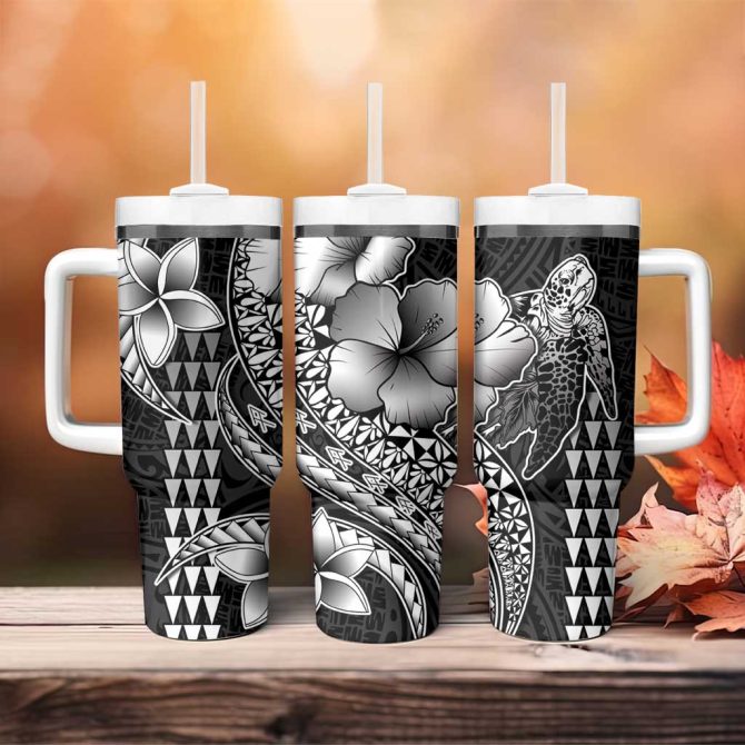 Hawaiian Sea Turtle Black Hibiscus Flowers And Kakau Custom Stanley Quencher 40Oz Stainless Steel Tumbler With Handle - Image 4