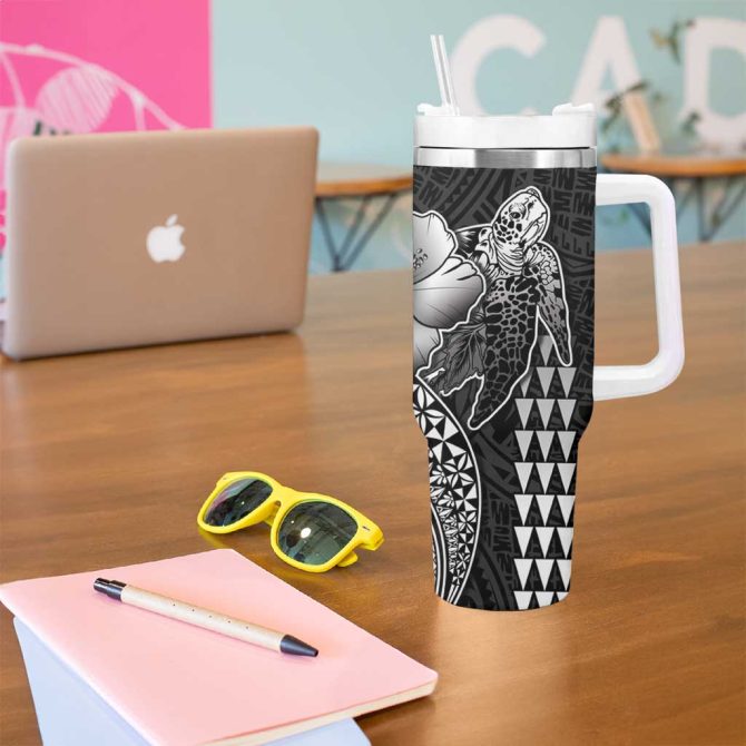 Hawaiian Sea Turtle Black Hibiscus Flowers And Kakau Custom Stanley Quencher 40Oz Stainless Steel Tumbler With Handle - Image 5