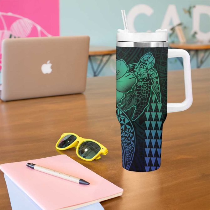 Hawaiian Sea Turtle Blue Hibiscus Flowers And Kakau Custom Stanley Quencher 40Oz Stainless Steel Tumbler With Handle - Image 5