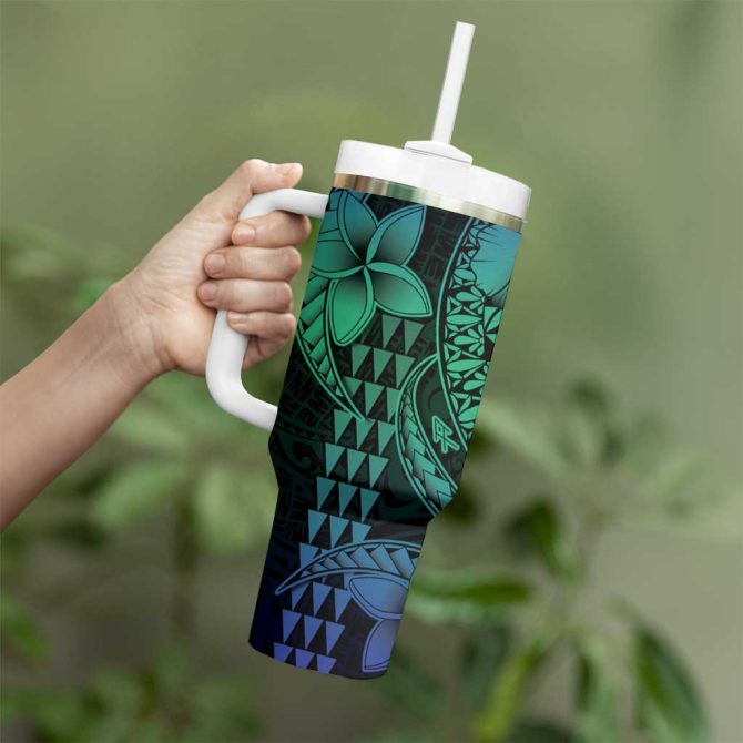 Hawaiian Sea Turtle Blue Hibiscus Flowers And Kakau Custom Stanley Quencher 40Oz Stainless Steel Tumbler With Handle - Image 3