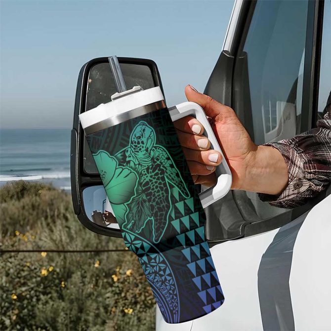 Hawaiian Sea Turtle Blue Hibiscus Flowers And Kakau Custom Stanley Quencher 40Oz Stainless Steel Tumbler With Handle - Image 7