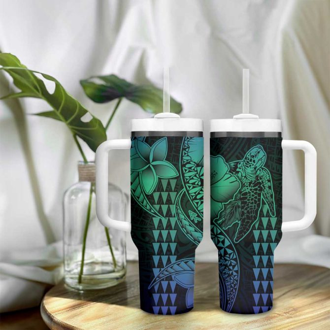 Hawaiian Sea Turtle Blue Hibiscus Flowers And Kakau Custom Stanley Quencher 40Oz Stainless Steel Tumbler With Handle - Image 9
