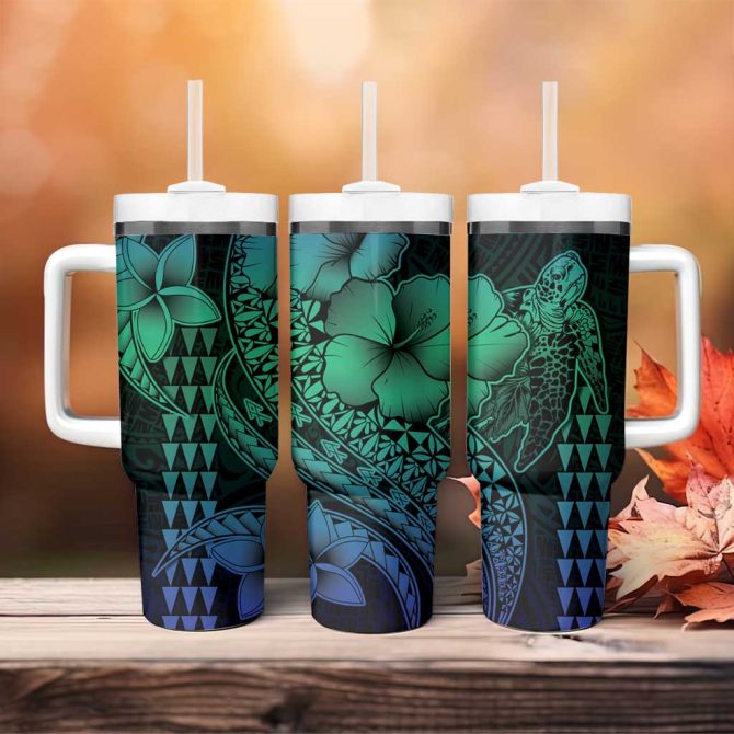 Hawaiian Sea Turtle Blue Hibiscus Flowers And Kakau Custom Stanley Quencher 40Oz Stainless Steel Tumbler With Handle - Image 4