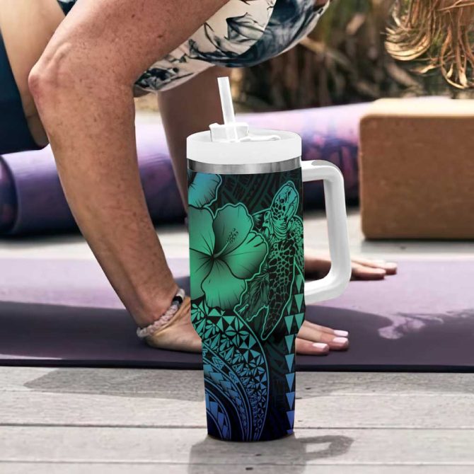 Hawaiian Sea Turtle Blue Hibiscus Flowers And Kakau Custom Stanley Quencher 40Oz Stainless Steel Tumbler With Handle - Image 6