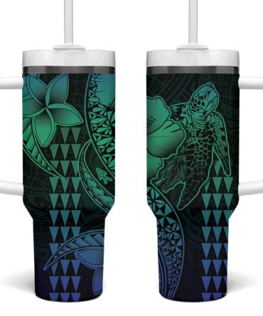 Hawaiian Sea Turtle Blue Hibiscus Flowers And Kakau Custom Stanley Quencher 40Oz Stainless Steel Tumbler With Handle