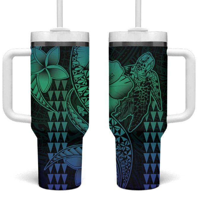 Hawaiian Sea Turtle Blue Hibiscus Flowers And Kakau Custom Stanley Quencher 40Oz Stainless Steel Tumbler With Handle