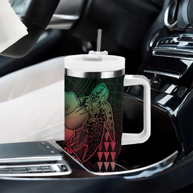 Hawaiian Sea Turtle Green Hibiscus Flowers And Kakau Custom Stanley Quencher 40Oz Stainless Steel Tumbler With Handle - Image 8