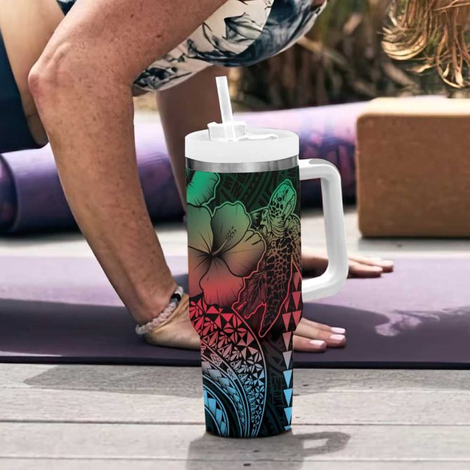 Hawaiian Sea Turtle Green Hibiscus Flowers And Kakau Custom Stanley Quencher 40Oz Stainless Steel Tumbler With Handle - Image 6