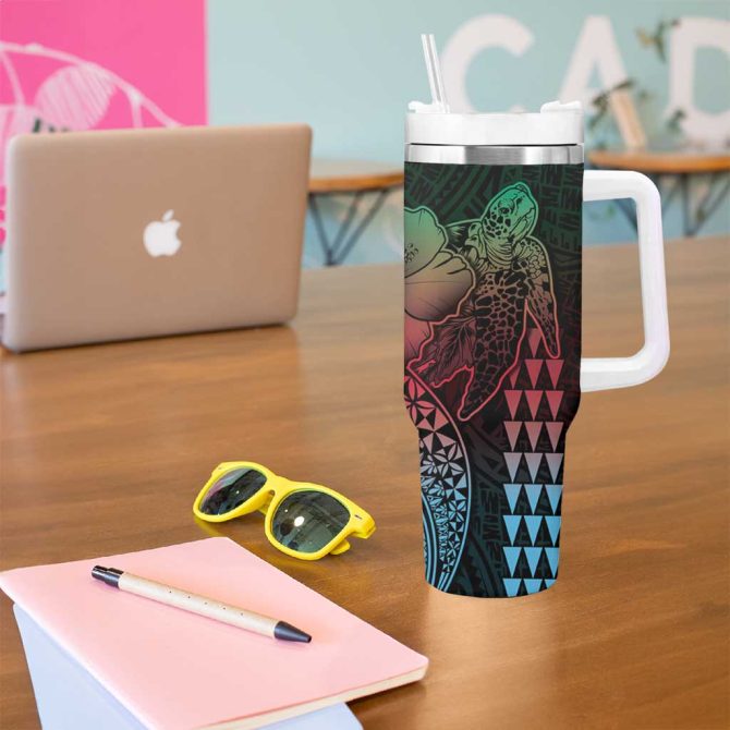 Hawaiian Sea Turtle Green Hibiscus Flowers And Kakau Custom Stanley Quencher 40Oz Stainless Steel Tumbler With Handle - Image 5