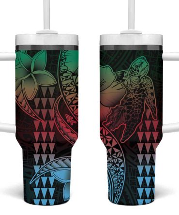 Hawaiian Sea Turtle Green Hibiscus Flowers And Kakau Custom Stanley Quencher 40Oz Stainless Steel Tumbler With Handle