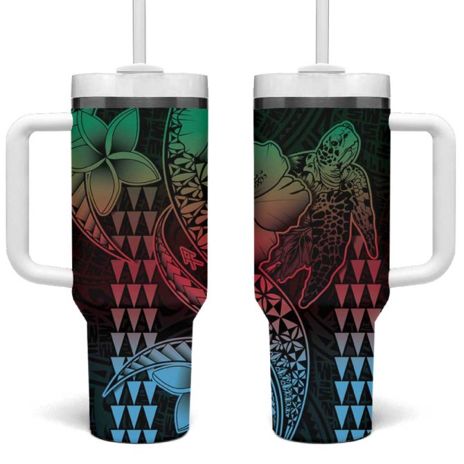 Hawaiian Sea Turtle Green Hibiscus Flowers And Kakau Custom Stanley Quencher 40Oz Stainless Steel Tumbler With Handle