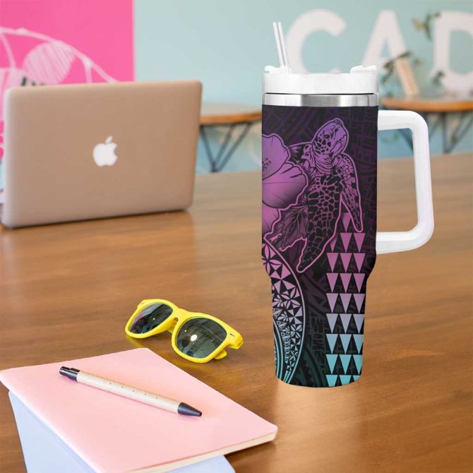 Hawaiian Sea Turtle Pink Hibiscus Flowers And Kakau Custom Stanley Quencher 40Oz Stainless Steel Tumbler With Handle - Image 5