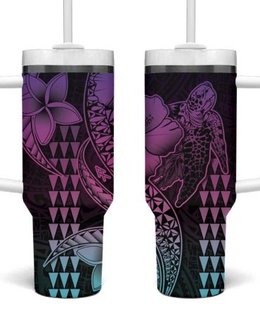 Hawaiian Sea Turtle Pink Hibiscus Flowers And Kakau Custom Stanley Quencher 40Oz Stainless Steel Tumbler With Handle