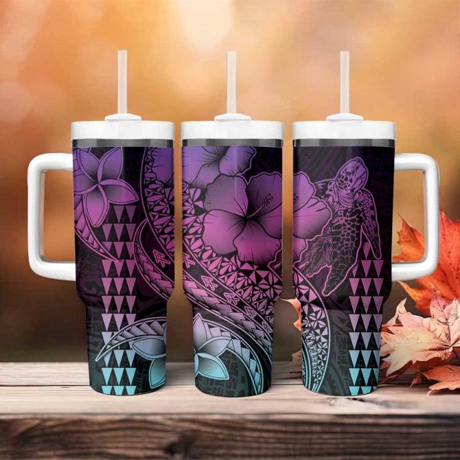Hawaiian Sea Turtle Pink Hibiscus Flowers And Kakau Custom Stanley Quencher 40Oz Stainless Steel Tumbler With Handle - Image 4