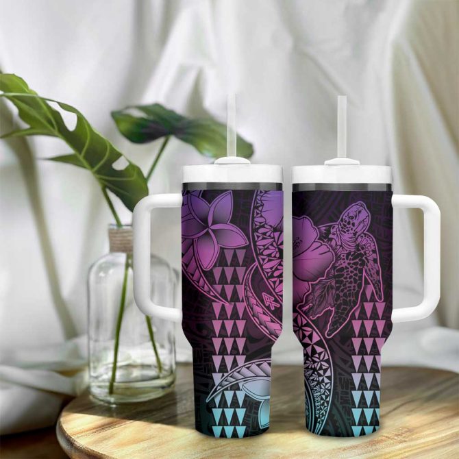 Hawaiian Sea Turtle Pink Hibiscus Flowers And Kakau Custom Stanley Quencher 40Oz Stainless Steel Tumbler With Handle - Image 9