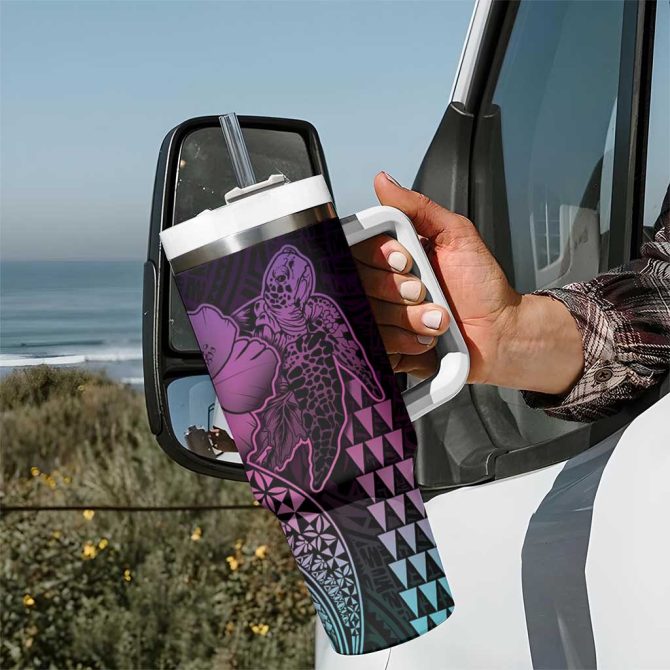 Hawaiian Sea Turtle Pink Hibiscus Flowers And Kakau Custom Stanley Quencher 40Oz Stainless Steel Tumbler With Handle - Image 7