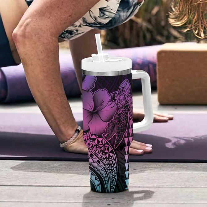 Hawaiian Sea Turtle Pink Hibiscus Flowers And Kakau Custom Stanley Quencher 40Oz Stainless Steel Tumbler With Handle - Image 6