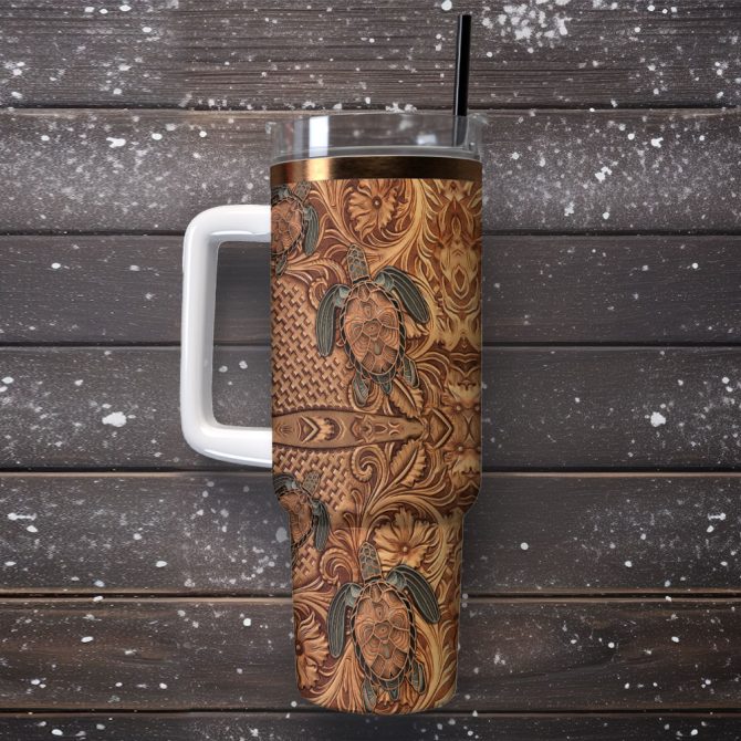 Hawaiian Tapa Honu Turtle Custom Stanley Quencher 40Oz Stainless Steel Tumbler With Handle - Image 2