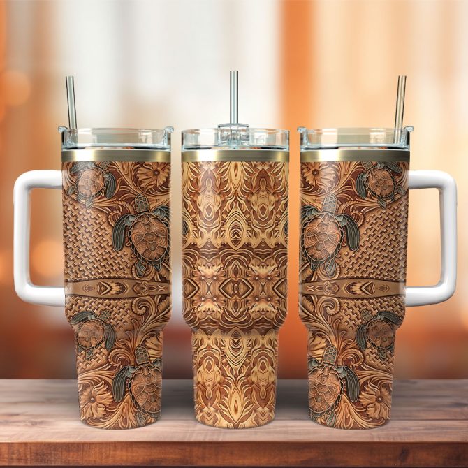 Hawaiian Tapa Honu Turtle Custom Stanley Quencher 40Oz Stainless Steel Tumbler With Handle