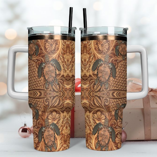 Hawaiian Tapa Honu Turtle Custom Stanley Quencher 40Oz Stainless Steel Tumbler With Handle - Image 4