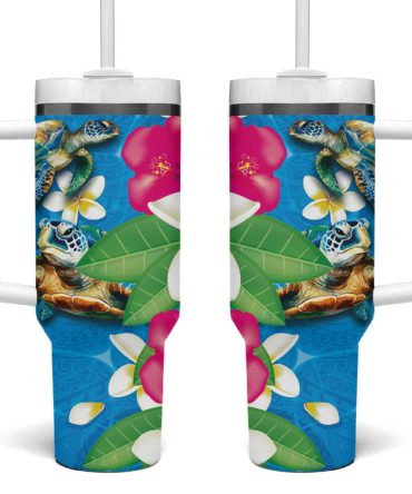 Hawaiian Tropical Flower And Honu Under Blue Water Custom Stanley Quencher 40Oz Stainless Steel Tumbler With Handle