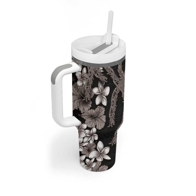 Hawaiian Tropical Flowers And Maile Pikake Polynesian Tribal Grayscale Mode Custom Stanley Quencher 40Oz Stainless Steel Tumbler With Handle - Image 2