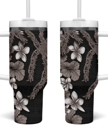 Hawaiian Tropical Flowers And Maile Pikake Polynesian Tribal Grayscale Mode Custom Stanley Quencher 40Oz Stainless Steel Tumbler With Handle
