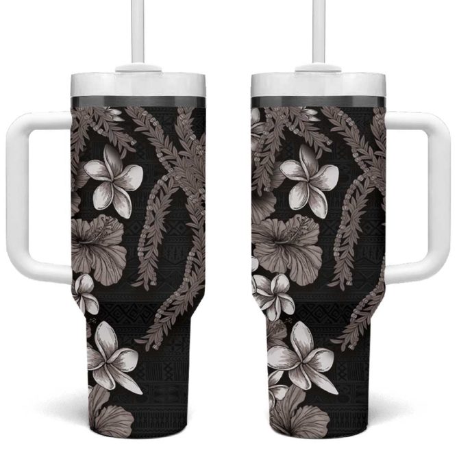 Hawaiian Tropical Flowers And Maile Pikake Polynesian Tribal Grayscale Mode Custom Stanley Quencher 40Oz Stainless Steel Tumbler With Handle