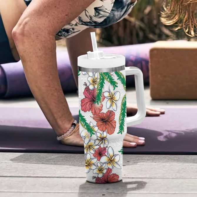 Hawaiian Tropical Flowers And Maile Pikake Polynesian Tribal White Color Custom Stanley Quencher 40Oz Stainless Steel Tumbler With Handle - Image 6
